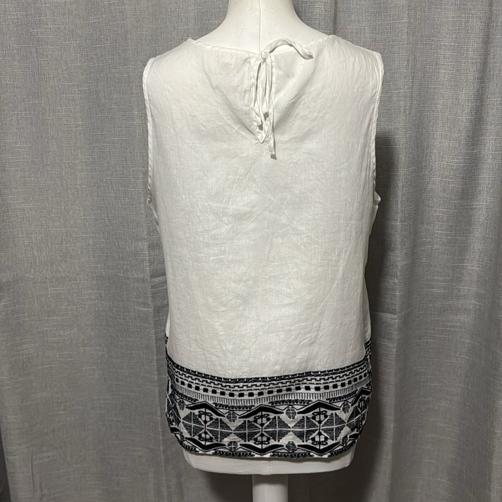 100% Linen-Artisan NY Tank Top-Sz L-Sleeveless-White-Navy Embroidery-EUC - Picture 3 of 15